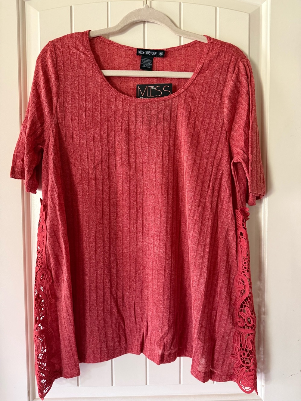 Miss Chievous Coral Ribbed Lace-Trim Tunic Top NWT